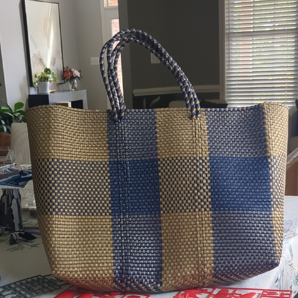 Stylish Blue and Tan Woven Tote Bag